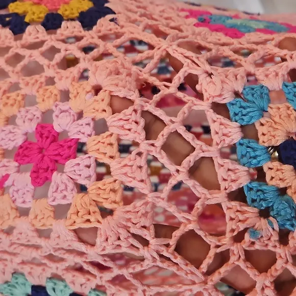 Handmade Crochet Cardigan Full lenght Pink Granny Square Fringe Hem Biho Floral