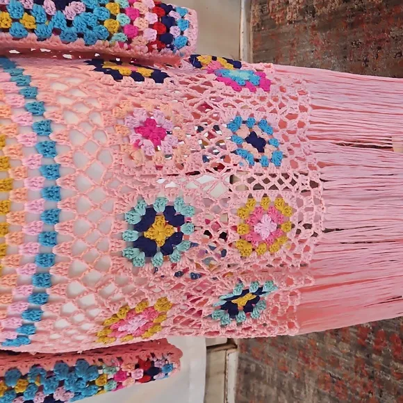 Handmade Crochet Cardigan Full lenght Pink Granny Square Fringe Hem Biho Floral
