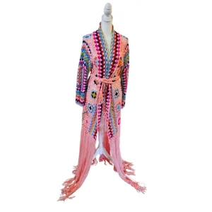 Handmade Crochet Cardigan Full lenght Pink Granny Square Fringe Hem Biho Floral