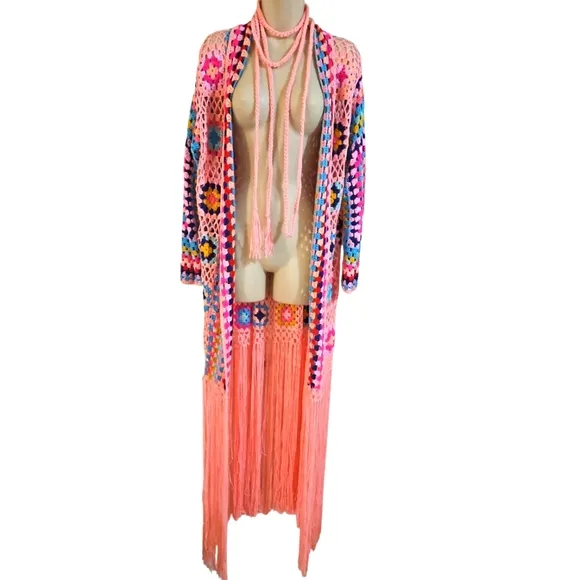 Handmade Crochet Cardigan Full lenght Pink Granny Square Fringe Hem Biho Floral