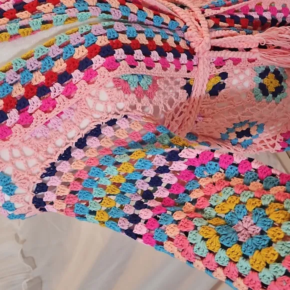 Handmade Crochet Cardigan Full lenght Pink Granny Square Fringe Hem Biho Floral