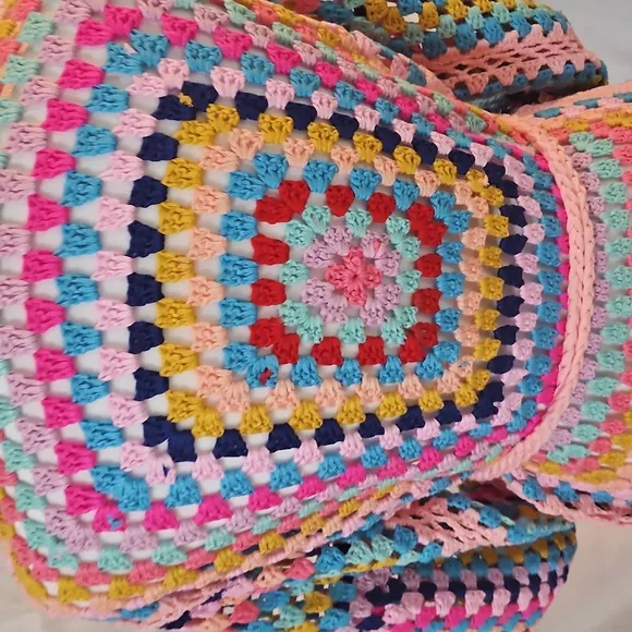 Handmade Crochet Cardigan Full lenght Pink Granny Square Fringe Hem Biho Floral