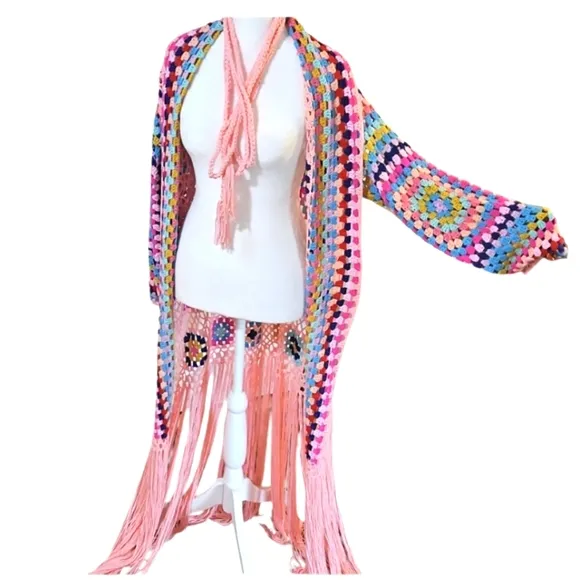 Handmade Crochet Cardigan Full lenght Pink Granny Square Fringe Hem Biho Floral
