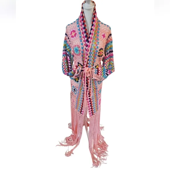 Handmade Crochet Cardigan Full lenght Pink Granny Square Fringe Hem Biho Floral