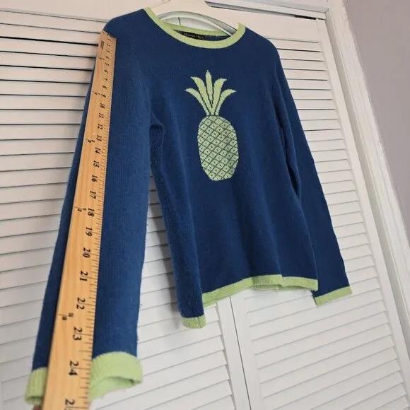 HANNAH ROSE Pineapple Intarsia Cashmere Sweater Blue Green Women's Large Preppy