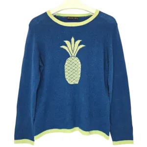 HANNAH ROSE Pineapple Intarsia Cashmere Sweater Blue Green Women's Large Preppy