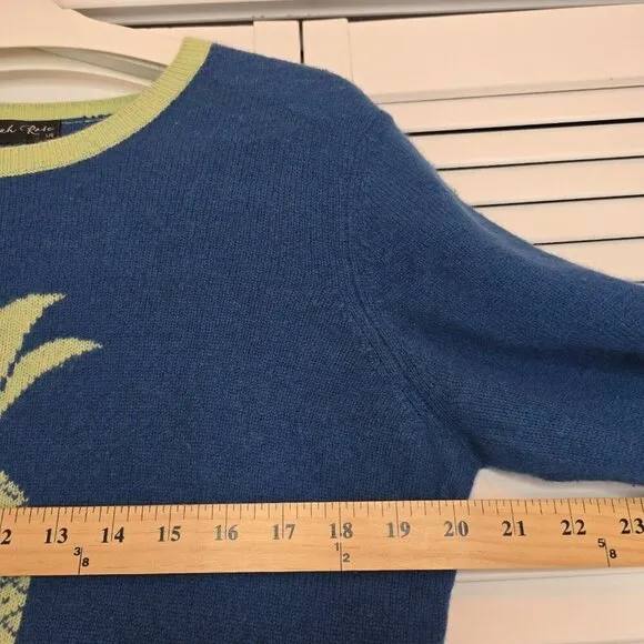 HANNAH ROSE Pineapple Intarsia Cashmere Sweater Blue Green Women's Large Preppy