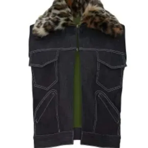 Harvey Faircloth Jacket Vest Women’s Small Denim‎ Faux Fur Leopard Fur Collar