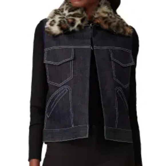 Harvey Faircloth Jacket Vest Women’s Small Denim‎ Faux Fur Leopard Fur Collar