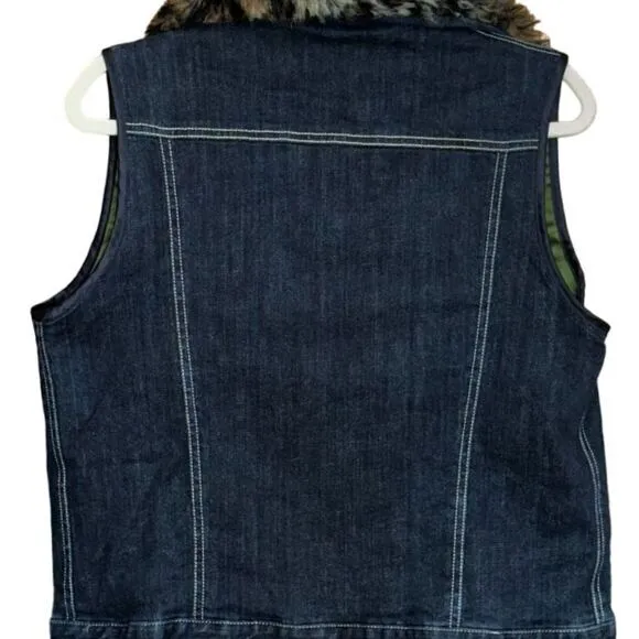 Harvey Faircloth Jacket Vest Women’s Small Denim‎ Faux Fur Leopard Fur Collar