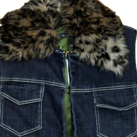 Harvey Faircloth Jacket Vest Women’s Small Denim‎ Faux Fur Leopard Fur Collar