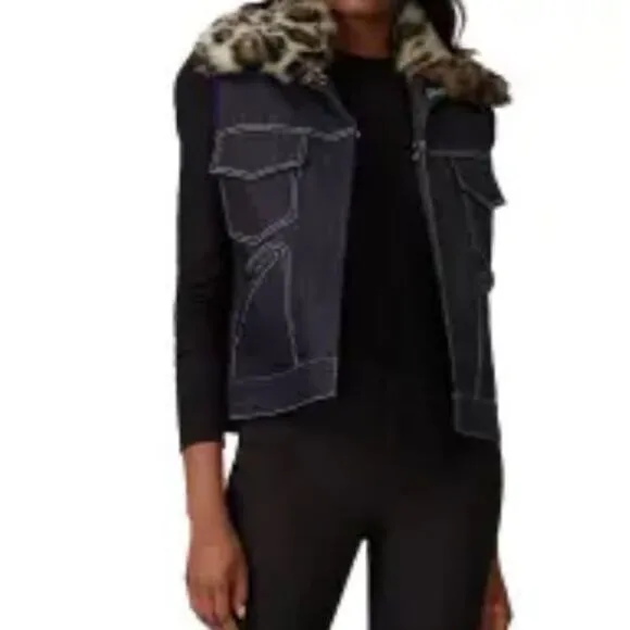 Harvey Faircloth Jacket Vest Women’s Small Denim‎ Faux Fur Leopard Fur Collar
