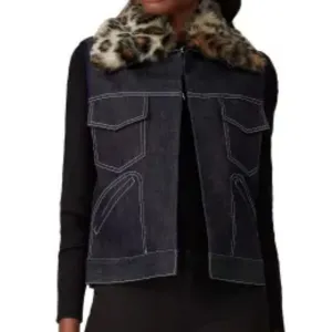 Harvey Faircloth Jacket Vest Women’s Small Denim‎ Faux Fur Leopard Fur Collar