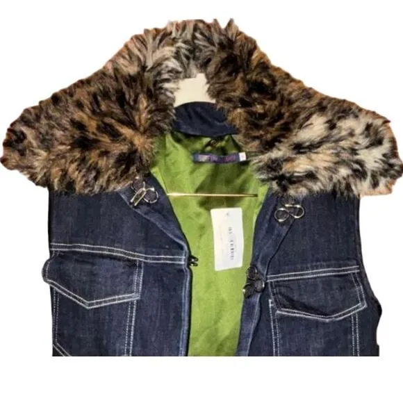 Harvey Faircloth Jacket Vest Women’s‎ Small Denim Faux Fur Leopard Fur Collar