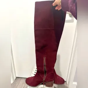 Hinge Genuine Suede Tall Boots Over the Knee Burgundy Bordeaux Block Heel Sz 8.5