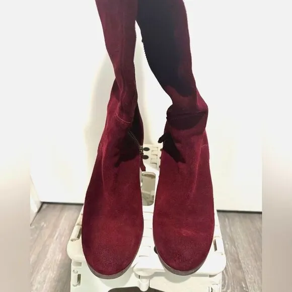 Hinge Genuine Suede Tall Boots Over the Knee Burgundy Bordeaux Block Heel Sz 8.5