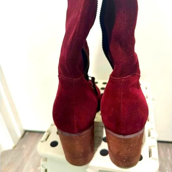 Hinge Genuine Suede Tall Boots Over the Knee Burgundy Bordeaux Block Heel Sz 8.5