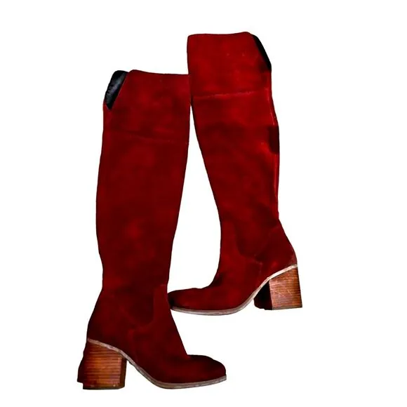 Hinge Genuine Suede Tall Boots Over the Knee Burgundy Bordeaux Block Heel Sz 8.5