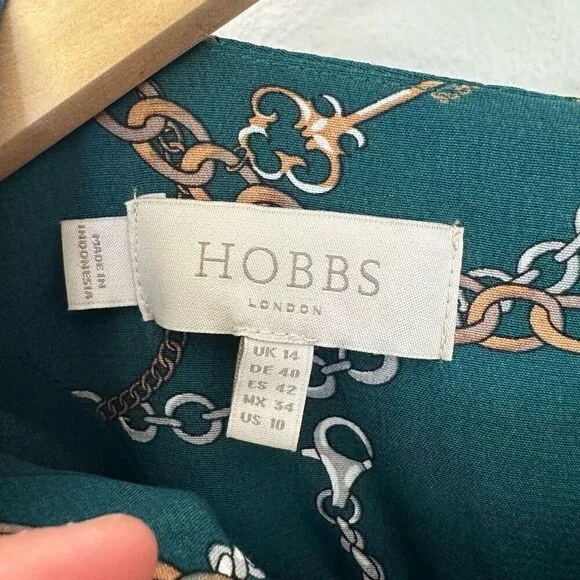 Hobbs London Women’s Angela Chain Print Leaf Green Long Sleeve Empire Midi Dress