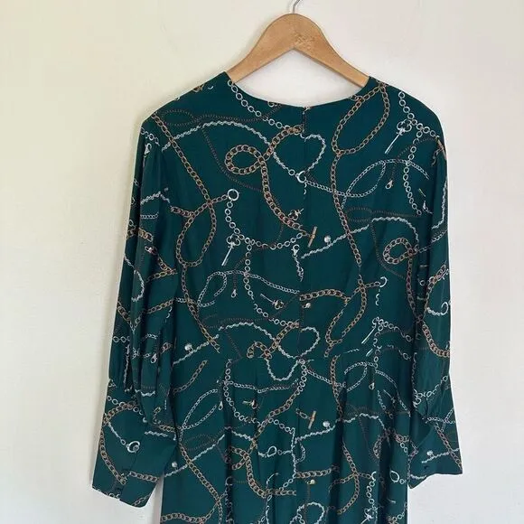 Hobbs London Women’s Angela Chain Print Leaf Green Long Sleeve Empire Midi Dress