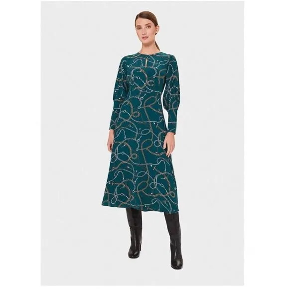Hobbs London Women’s Angela Chain Print Leaf Green Long Sleeve Empire Midi Dress