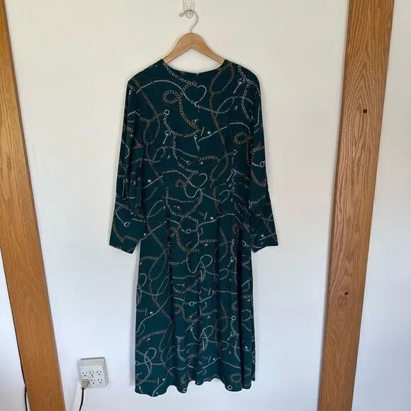 Hobbs London Women’s Angela Chain Print Leaf Green Long Sleeve Empire Midi Dress