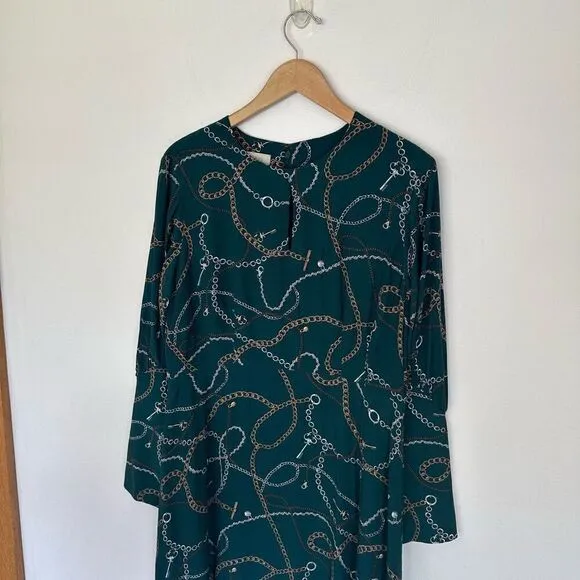 Hobbs London Women’s Angela Chain Print Leaf Green Long Sleeve Empire Midi Dress