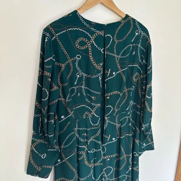 Hobbs London Women’s Angela Chain Print Leaf Green Long Sleeve Empire Midi Dress