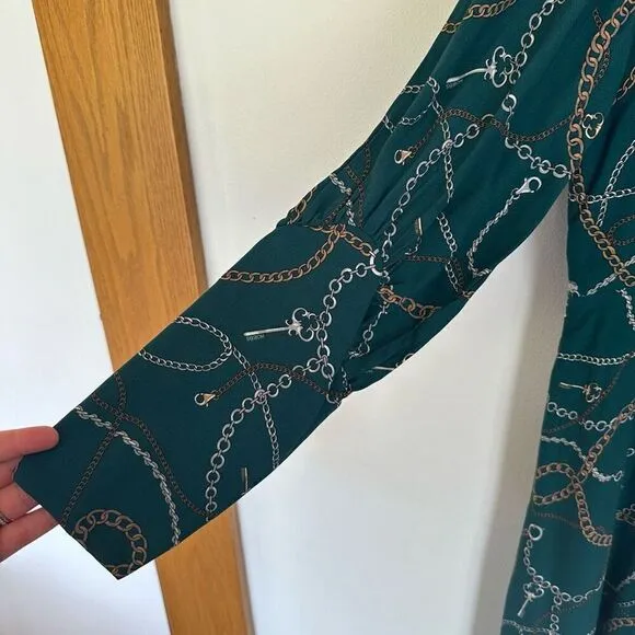 Hobbs London Women’s Angela Chain Print Leaf Green Long Sleeve Empire Midi Dress