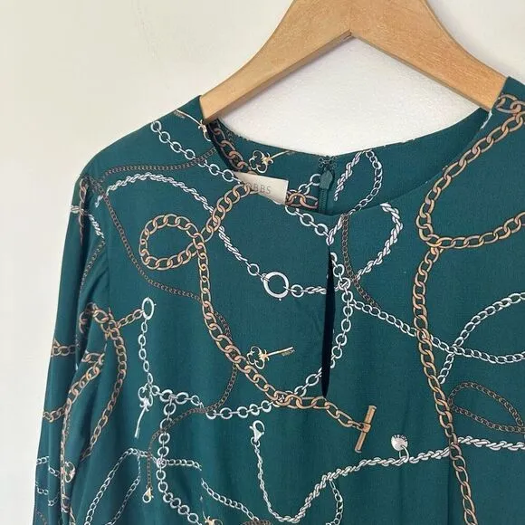 Hobbs London Women’s Angela Chain Print Leaf Green Long Sleeve Empire Midi Dress