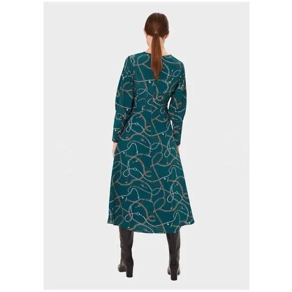 Hobbs London Women’s Angela Chain Print Leaf Green Long Sleeve Empire Midi Dress