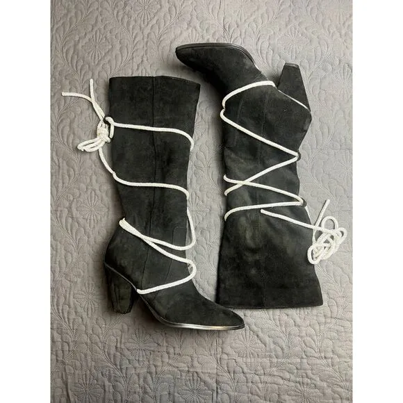 Hold Tight Suede &amp; Bling Tie Rope Knee High Heeled Boots Black Winter SZ 9 &amp; 7.5