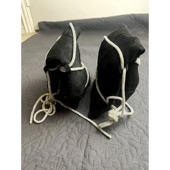 Hold Tight Suede &amp; Bling Tie Rope Knee High Heeled Boots Black Winter SZ 9 &amp; 7.5