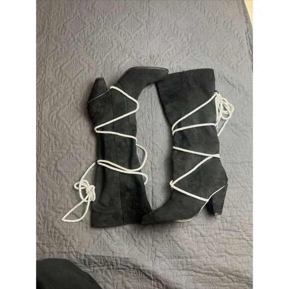 Hold Tight Suede &amp; Bling Tie Rope Knee High Heeled Boots Black Winter SZ 9 &amp; 7.5