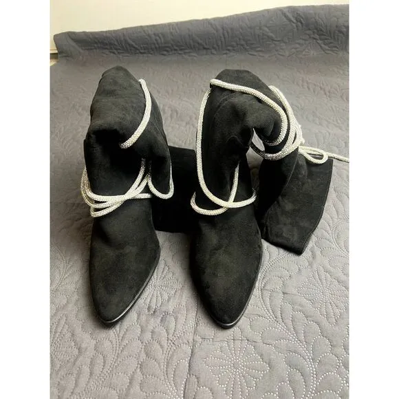 Hold Tight Suede &amp; Bling Tie Rope Knee High Heeled Boots Black Winter SZ 9 &amp; 7.5
