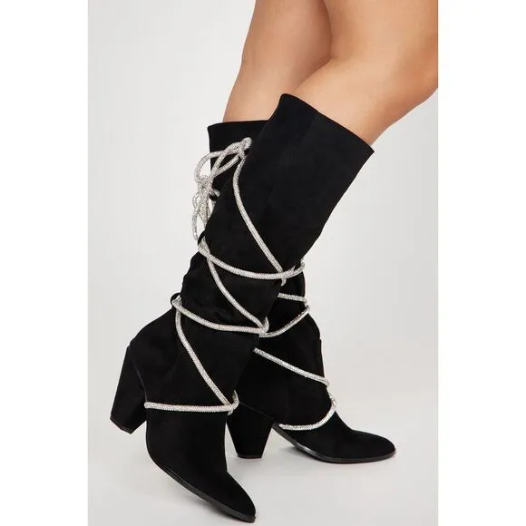Hold Tight Suede &amp; Bling Tie Rope Knee High Heeled Boots Black Winter SZ 9 &amp; 7.5