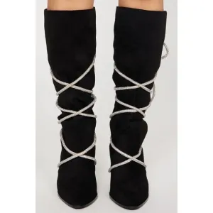 Hold Tight Suede &amp; Bling Tie Rope Knee High Heeled Boots Black Winter SZ 9 &amp; 7.5