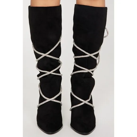 Hold Tight Suede &amp; Bling Tie Rope Knee High Heeled Boots Black Winter SZ 9 &amp; 7.5