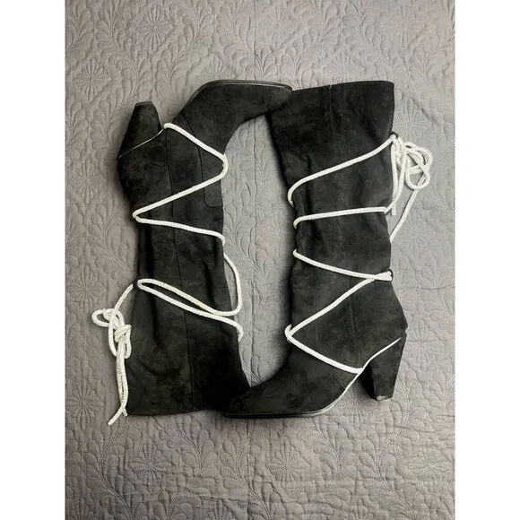 Hold Tight Suede &amp; Bling Tie Rope Knee High Heeled Boots Black Winter SZ 9 &amp; 7.5