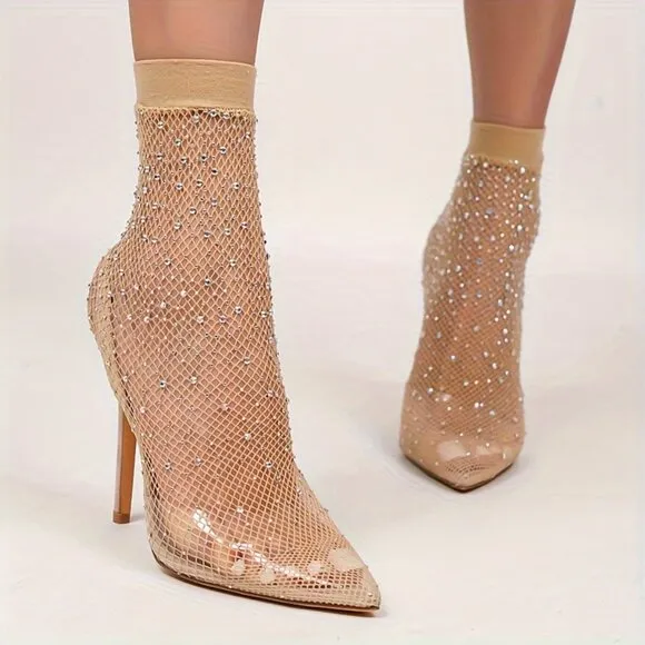 Hollow Stocking Mesh Boots, New Rhinestone Pointed Toe Stiletto Heeled