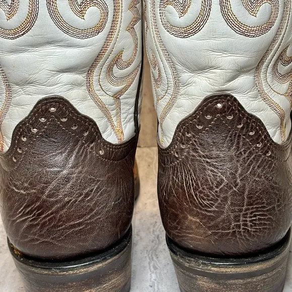 Hondo Spanish Shoulder Leather White Brown Western Cowboy Boots 10.5D