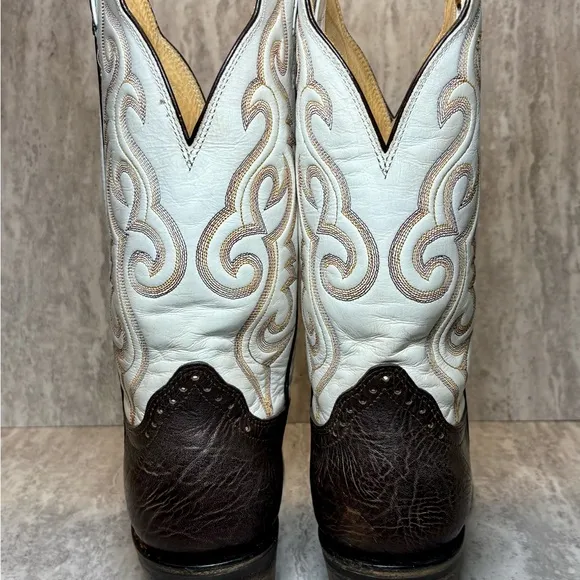 Hondo Spanish Shoulder Leather White Brown Western Cowboy Boots 10.5D