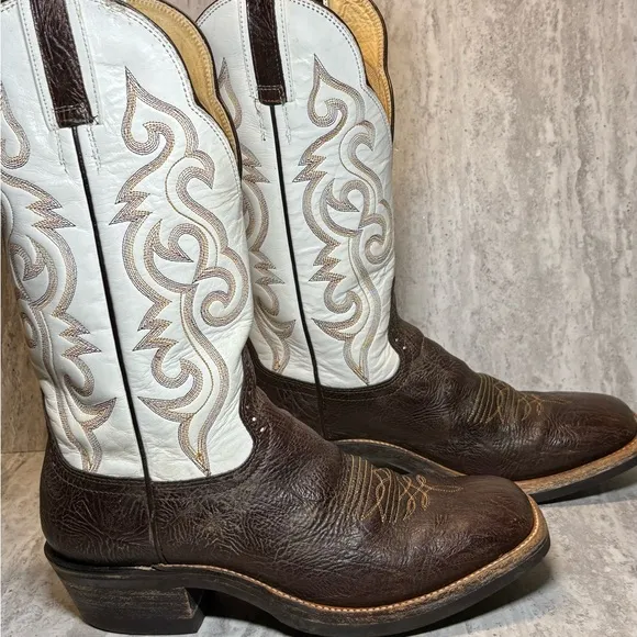 Hondo Spanish Shoulder Leather White Brown Western Cowboy Boots 10.5D