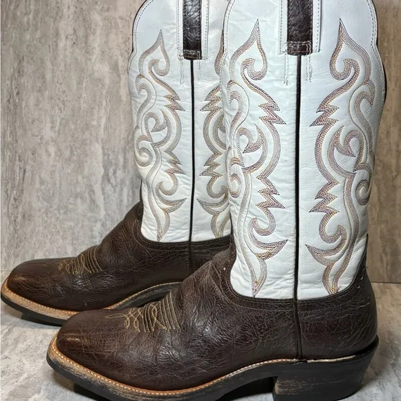 Hondo Spanish Shoulder Leather White Brown Western Cowboy Boots 10.5D