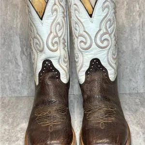 Hondo Spanish Shoulder Leather White Brown Western Cowboy Boots 10.5D