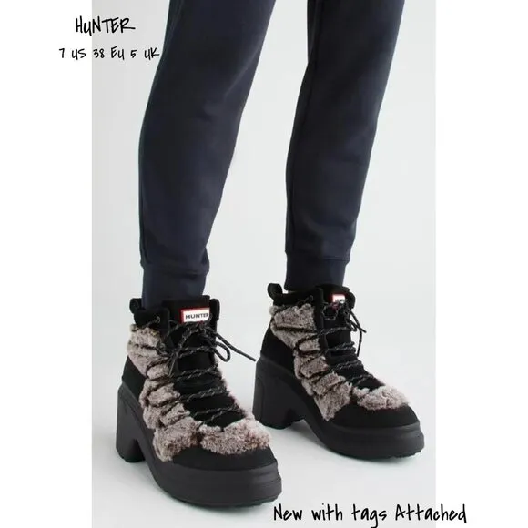 Hunter Hiking Boots Faux Fur Mid Lace Up Women's Size 7 US New  With Tag