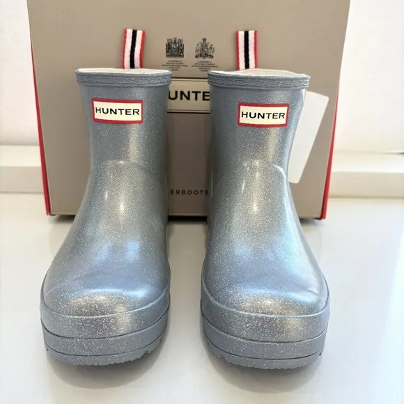 Hunter Play Short Cosmic Boots Rain Booties Silver Glitter Size 7 NEW