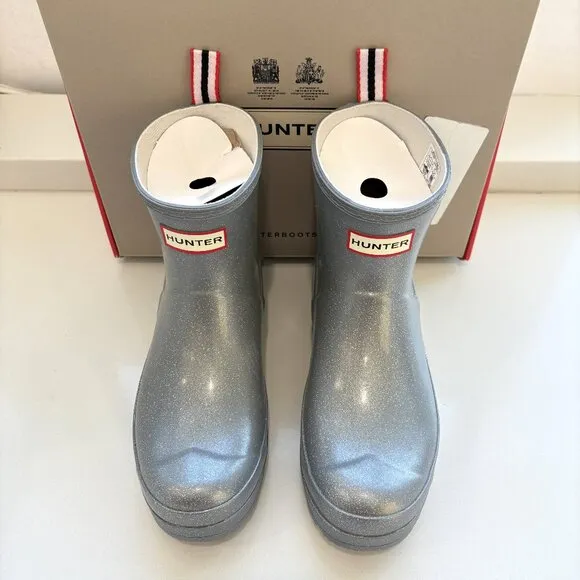 Hunter Play Short Cosmic Boots Rain Booties Silver Glitter Size 7 NEW