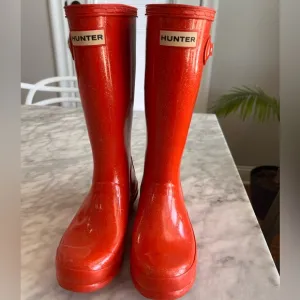 Hunter Rain Boots Tall Glitter Waterproof Size 2. Red Orange