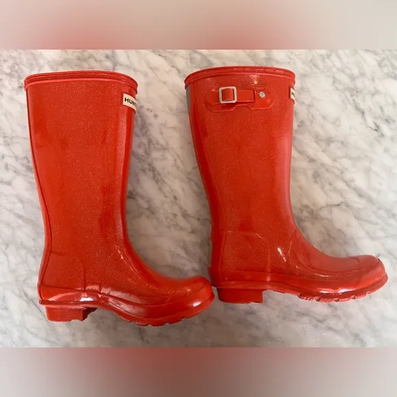 Hunter Rain Boots Tall Glitter Waterproof Size 2. Red Orange